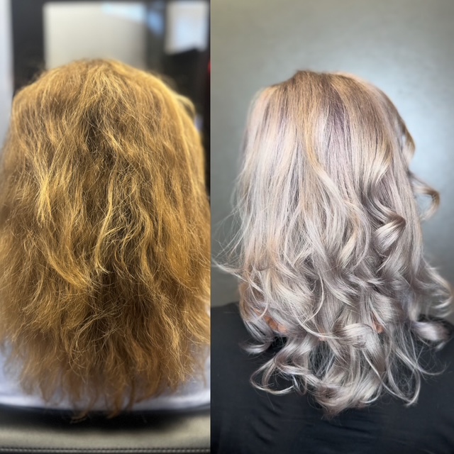 middle aged woman with wavy silver hair in salon