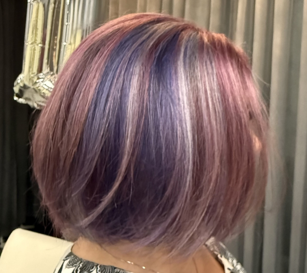 middle aged woman grey coverage transformation hair in salon