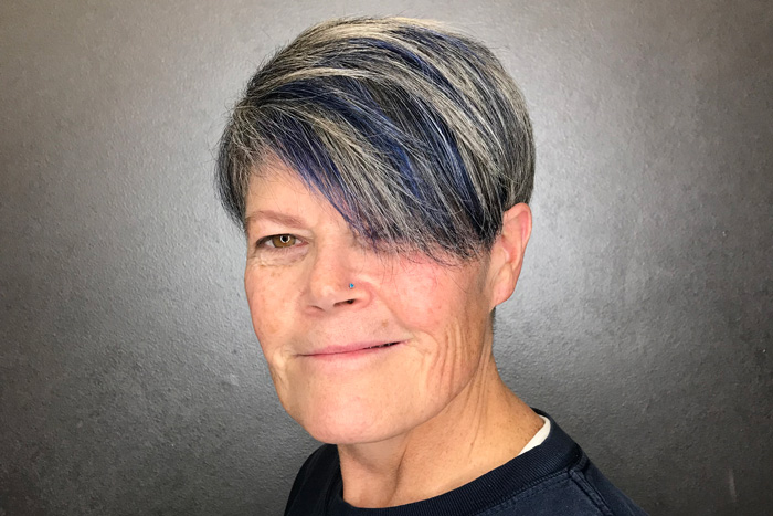 Grey hair transformation with purple highlights